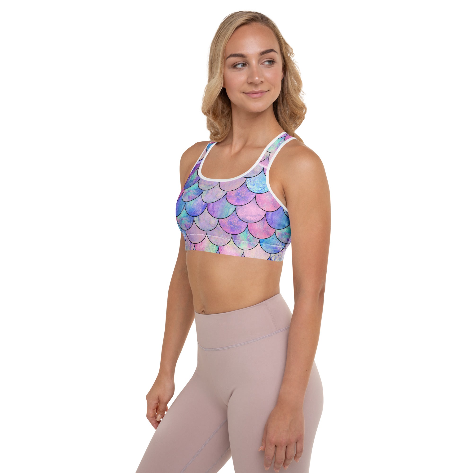 Women’s Pastel Mermaid Padded Sports Bra – Buttery Soft, Supportive & Quick-Dry