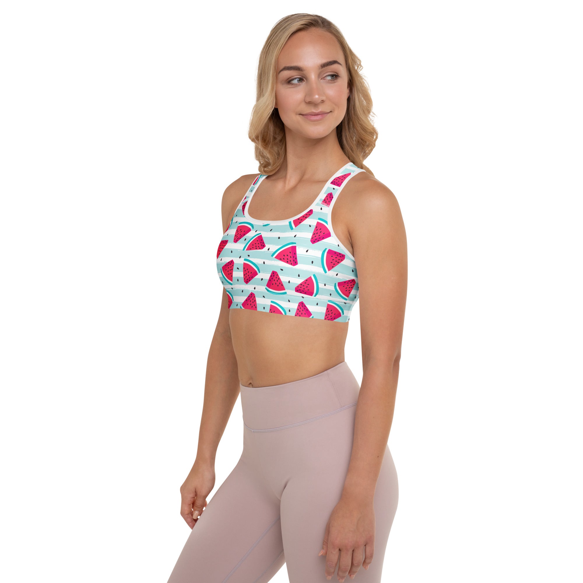 Women’s watermelon stripe padded sports bra with vibrant pattern white base teal stripes buttery soft quick-dry