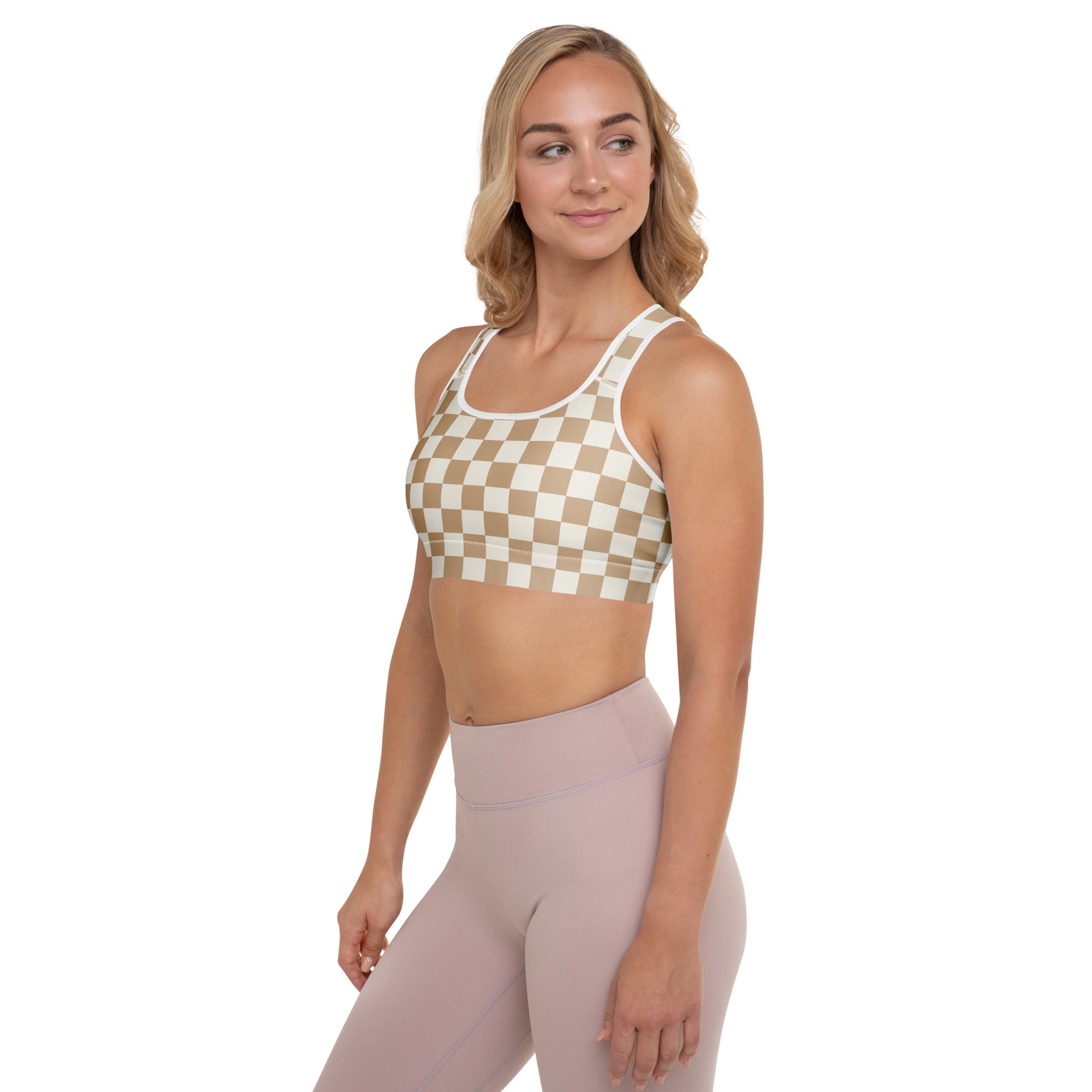 Beige and white checkered womens padded sports bra with racerback straps buttery soft supportive and quick dry