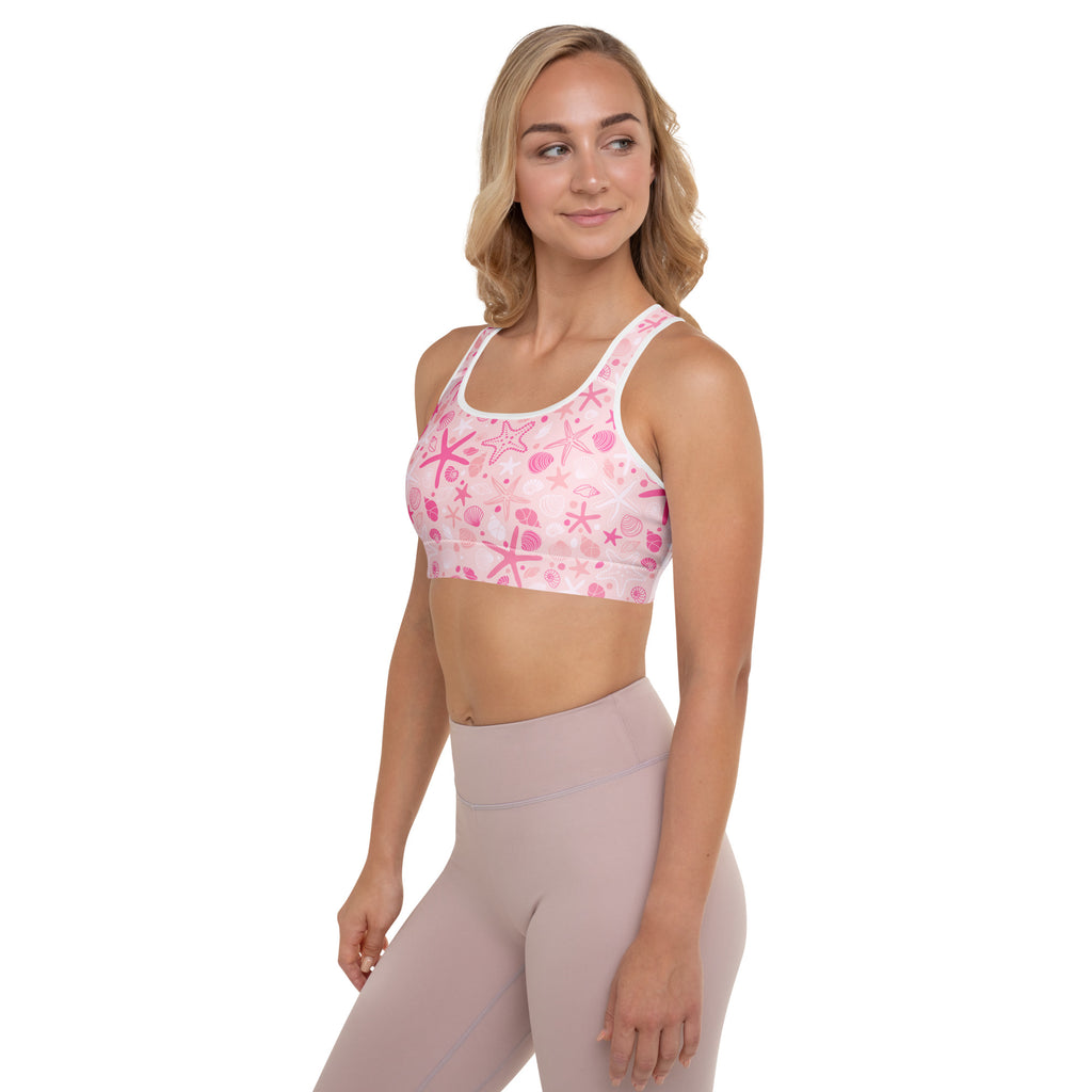 Women’s pink starfish and shells padded sports bra with buttery soft fabric supportive fit and quick dry material