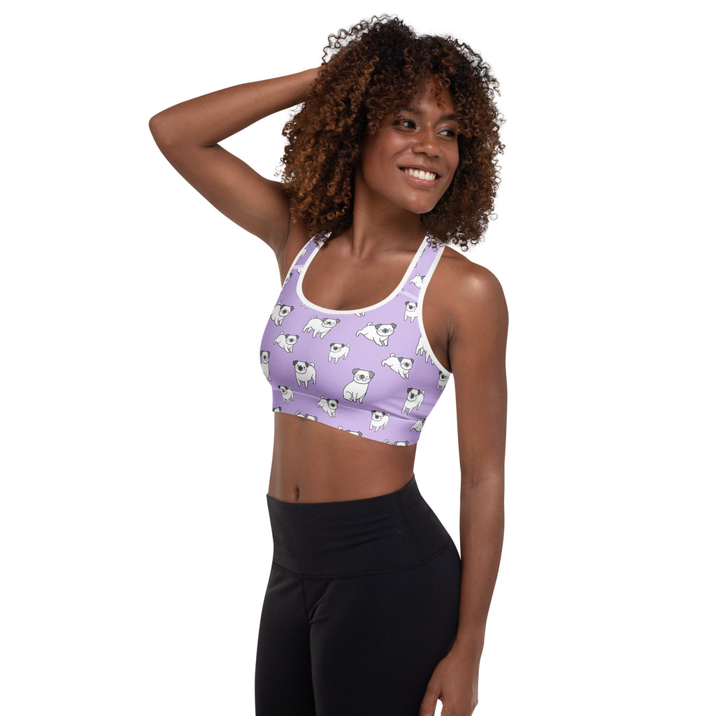 Women’s purple pug padded sports bra with white pug pattern, white trim, buttery soft, supportive, and quick-dry fabric