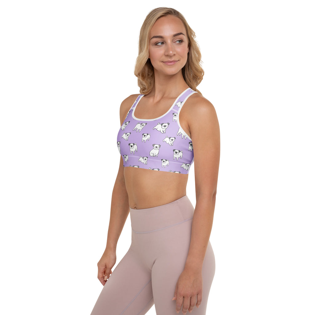 Women’s purple pug padded sports bra with white trim featuring buttery soft, supportive, quick-dry fabric and pug prints