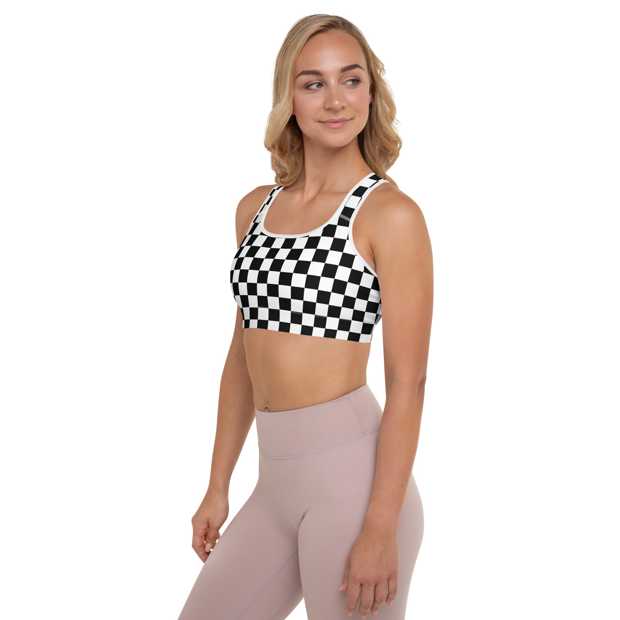 Women’s black and white checkerboard padded sports bra with buttery soft, supportive, seamless quick-dry design