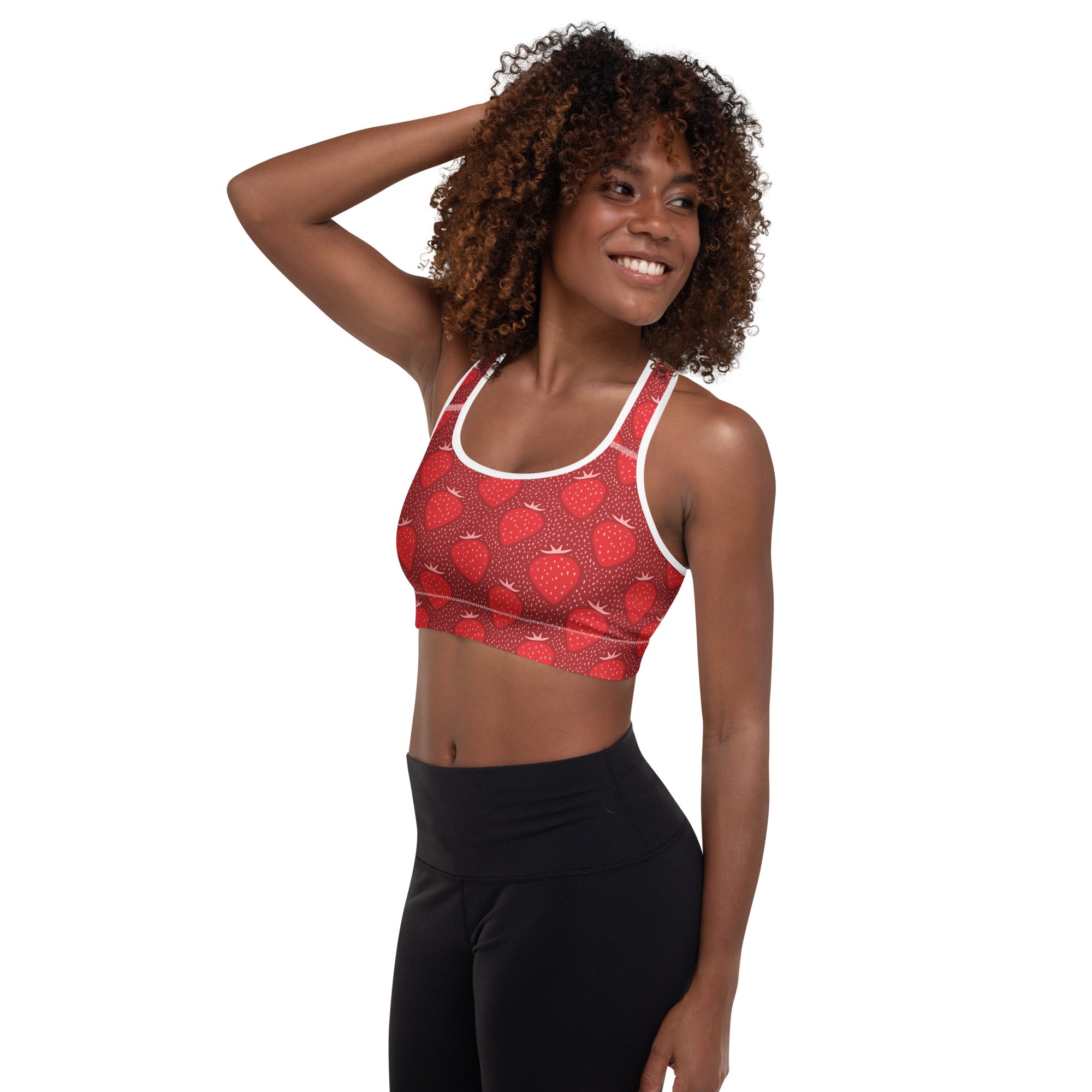 Women’s red strawberry padded sports bra with white trim, buttery soft, supportive, and quick-dry material