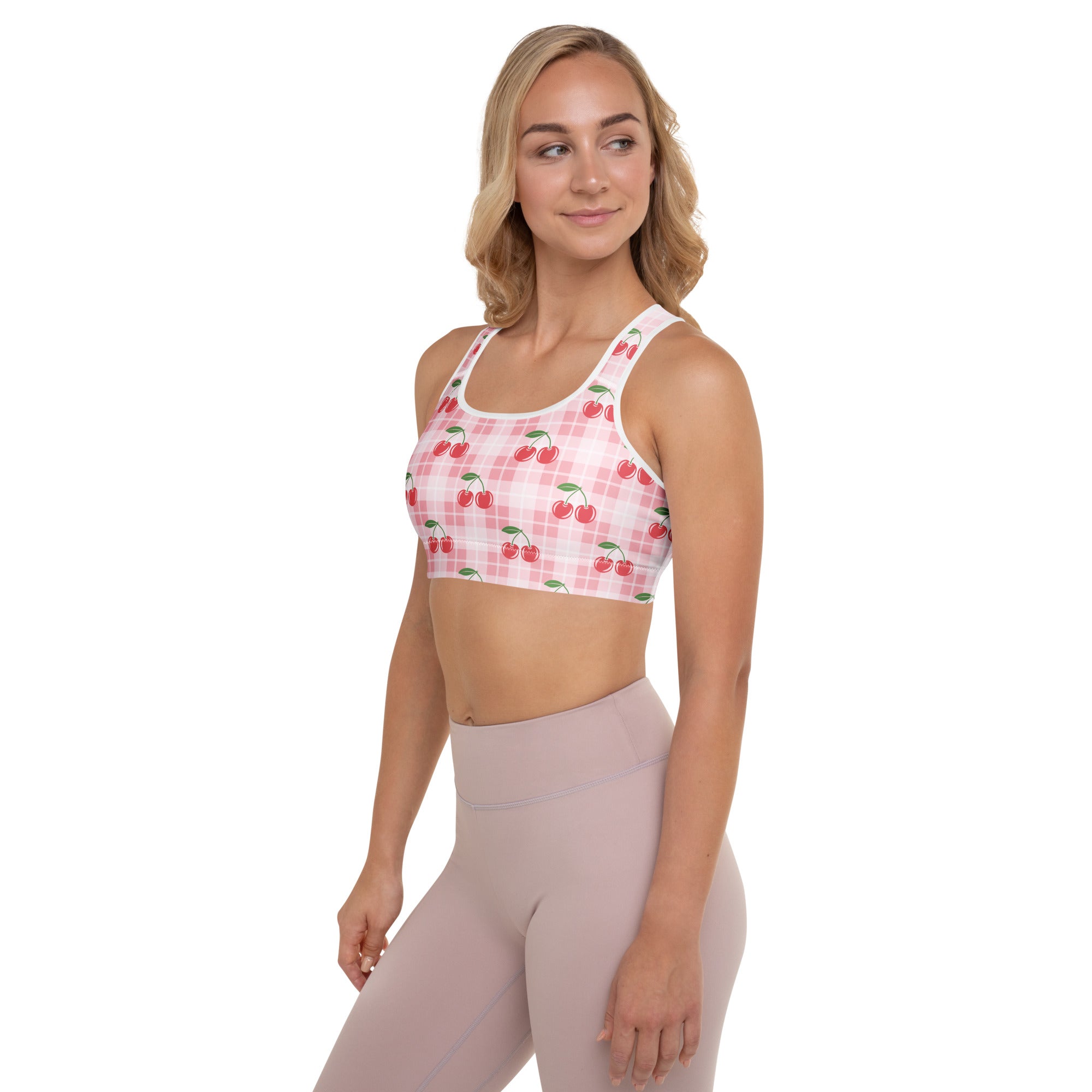 Women’s pink gingham cherry padded sports bra with buttery soft fabric supportive fit and quick dry material