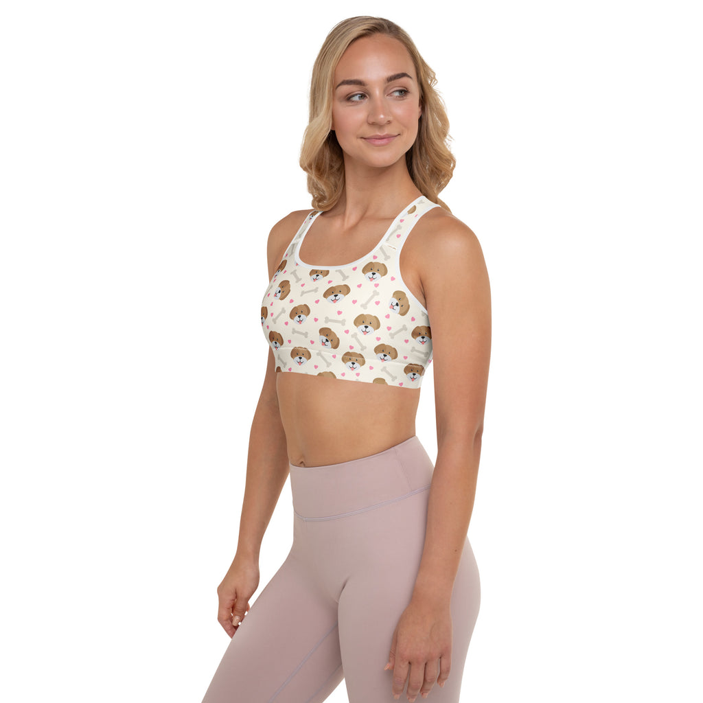 White women’s puppy print padded sports bra with brown puppy faces pink hearts buttery soft supportive quick-dry