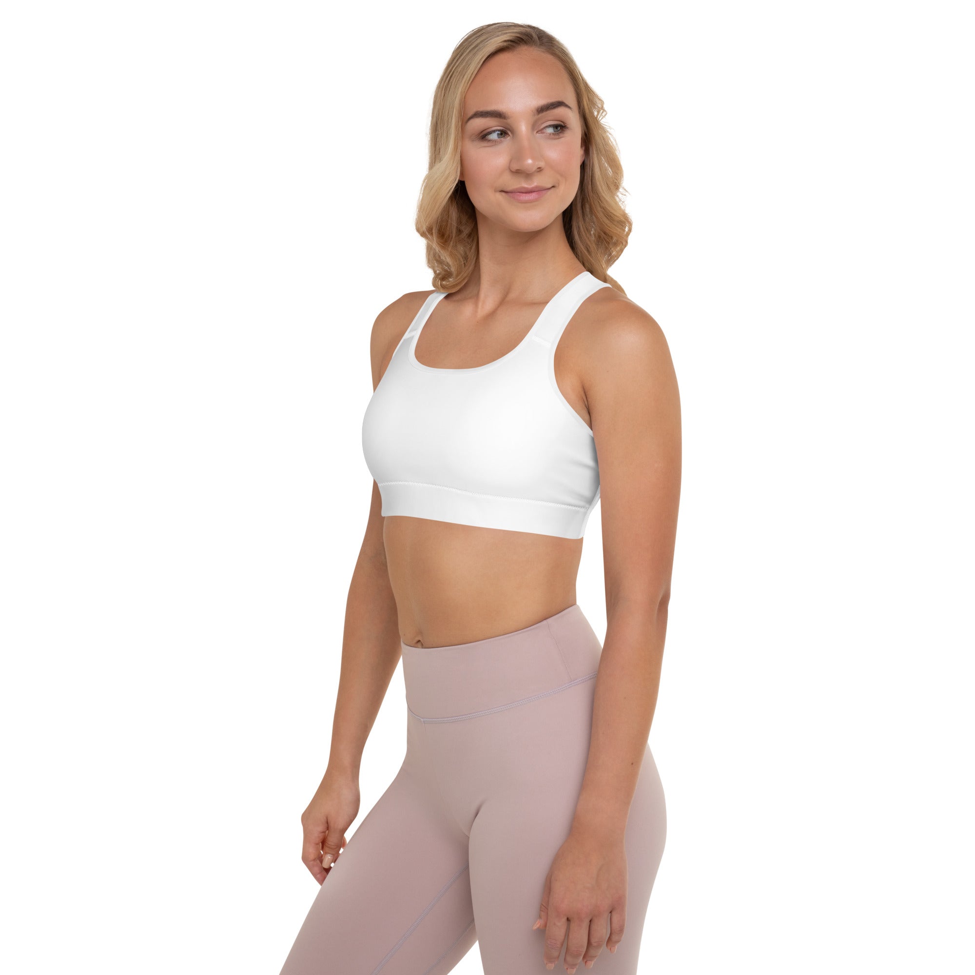 White padded sports bra with wide straps seamless design buttery soft supportive and quick dry fabric for women