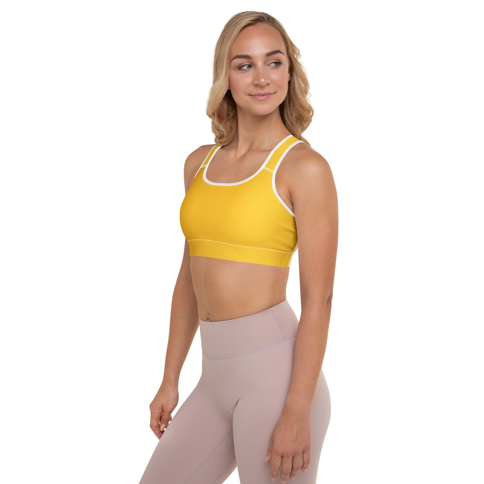 Women’s yellow padded sports bra with white trim buttery soft supportive quick-dry fabric for active wear