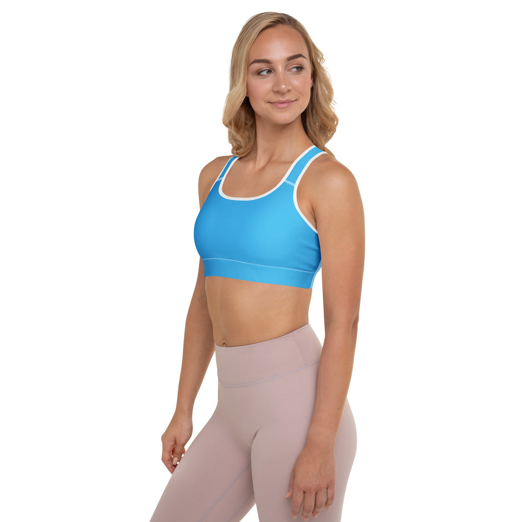 Women’s sky blue padded sports bra with white trim buttery soft supportive seamless quick-dry design