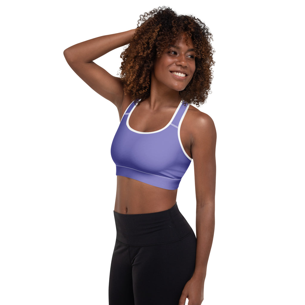 Women’s purple and white padded sports bra with buttery soft fabric supportive quick-dry and form-fitting design
