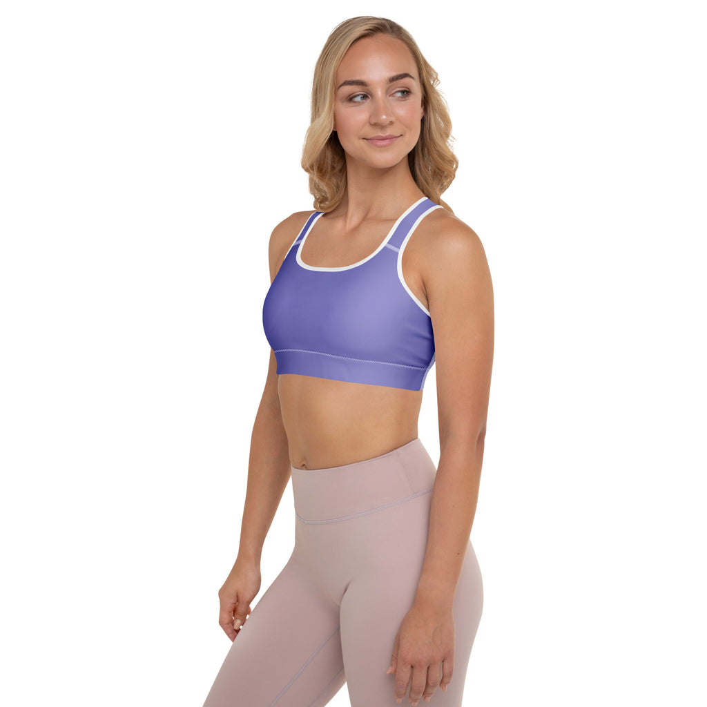 Women’s purple padded sports bra with white trim buttery soft supportive and quick-dry fabric for active use
