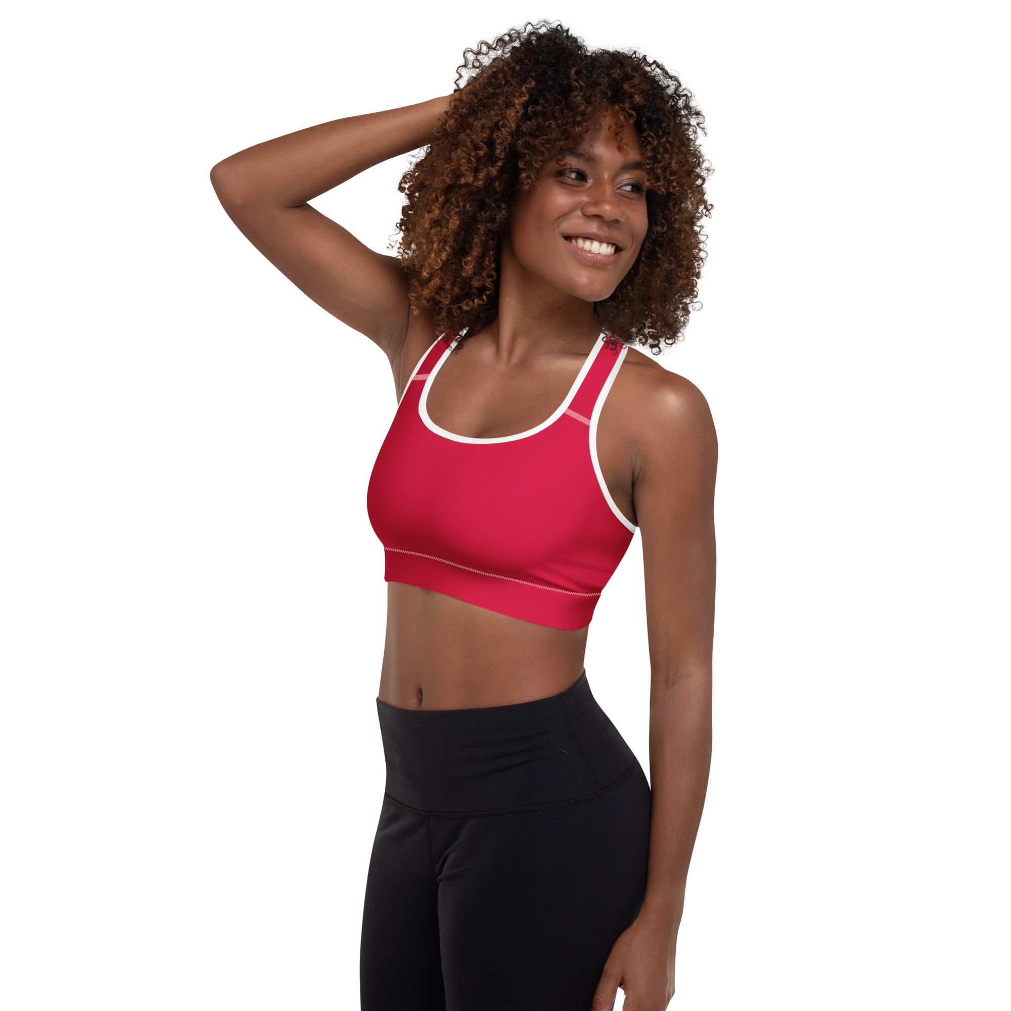 Women’s crimson red padded sports bra with white trim racerback design buttery soft supportive and quick dry