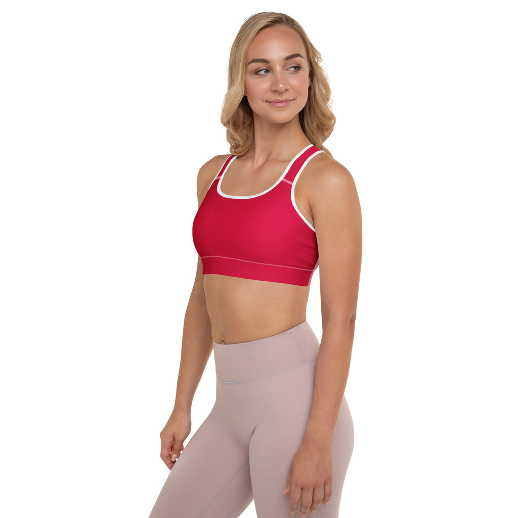 A vibrant crimson red padded sports bra with white trim, buttery soft fabric, supportive and quick-dry design