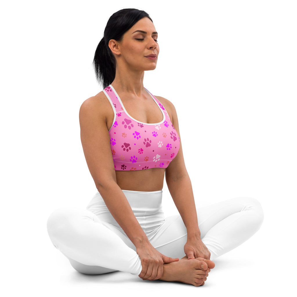 Women’s pink paw print padded sports bra with gradient effect in buttery soft quick-dry fabric for support