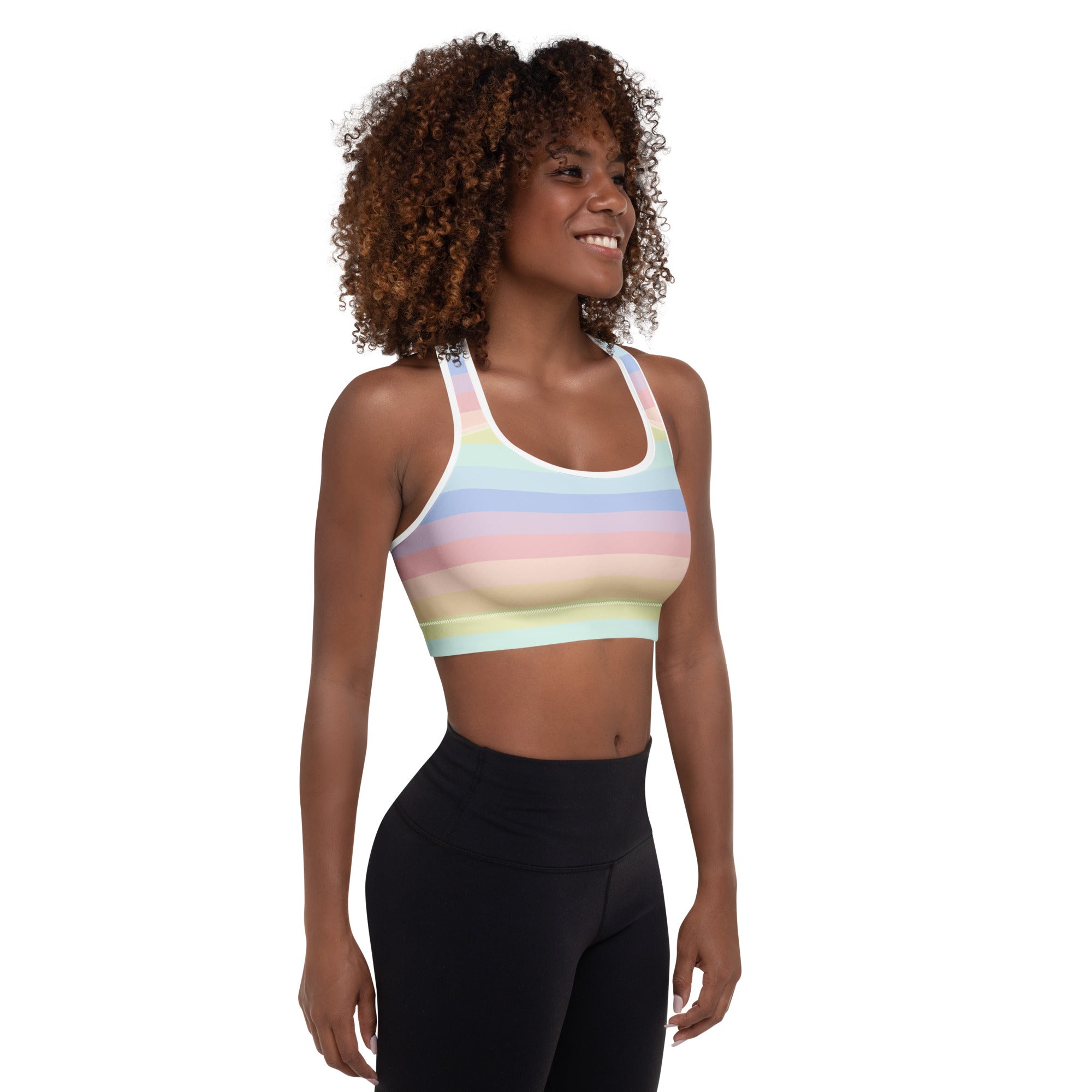 Women’s pastel rainbow striped padded sports bra with buttery soft quick-dry fabric and racerback design back side view