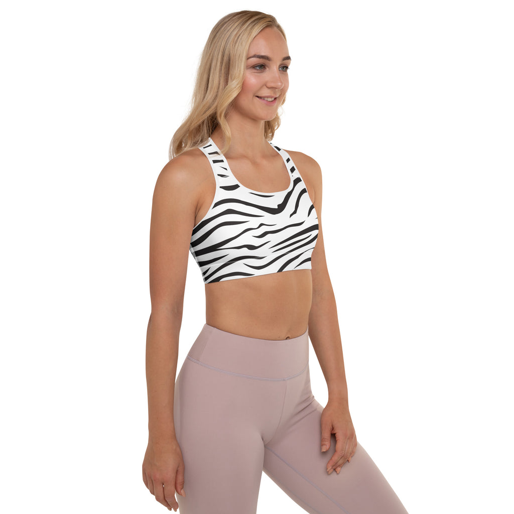 Women’s zebra print padded sports bra in white and black with racerback design buttery soft supportive quick-dry