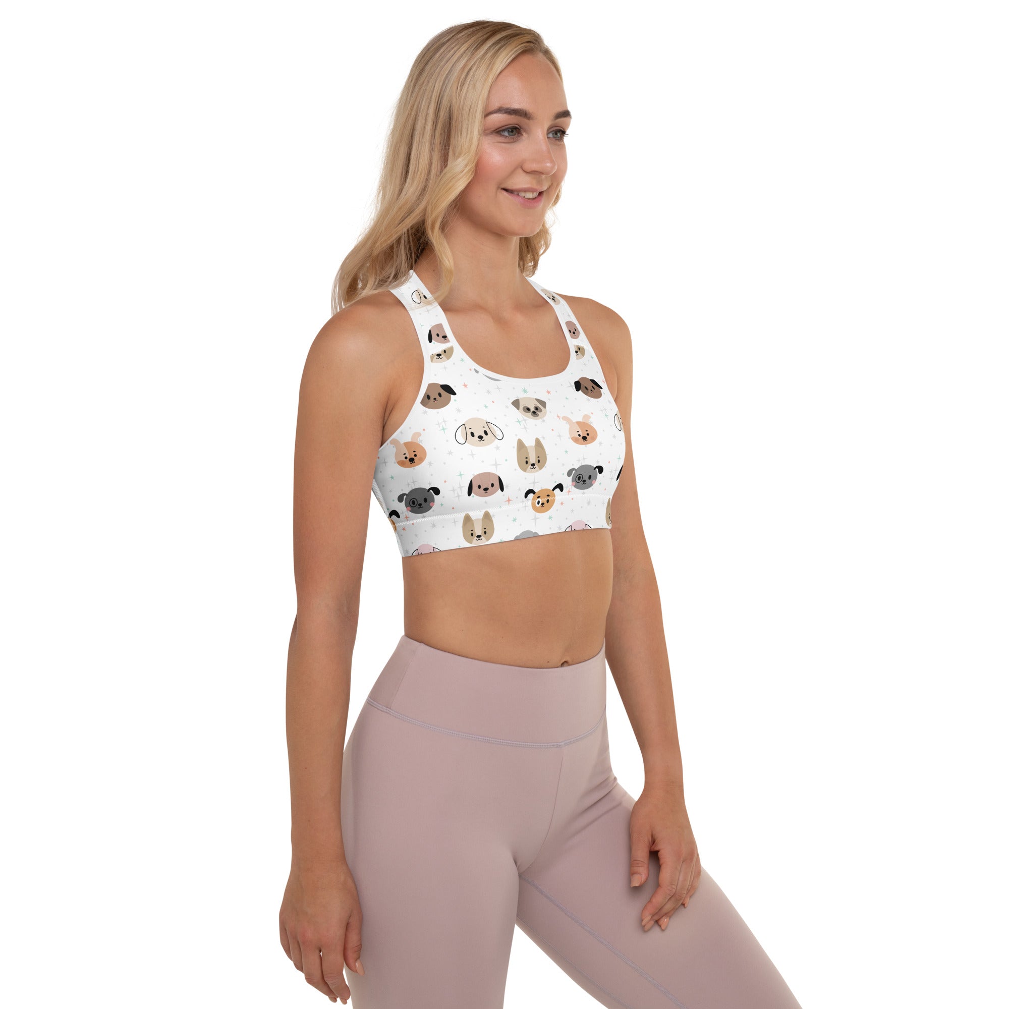 White women’s dog face padded sports bra with playful cartoon dog pattern buttery soft supportive quick dry