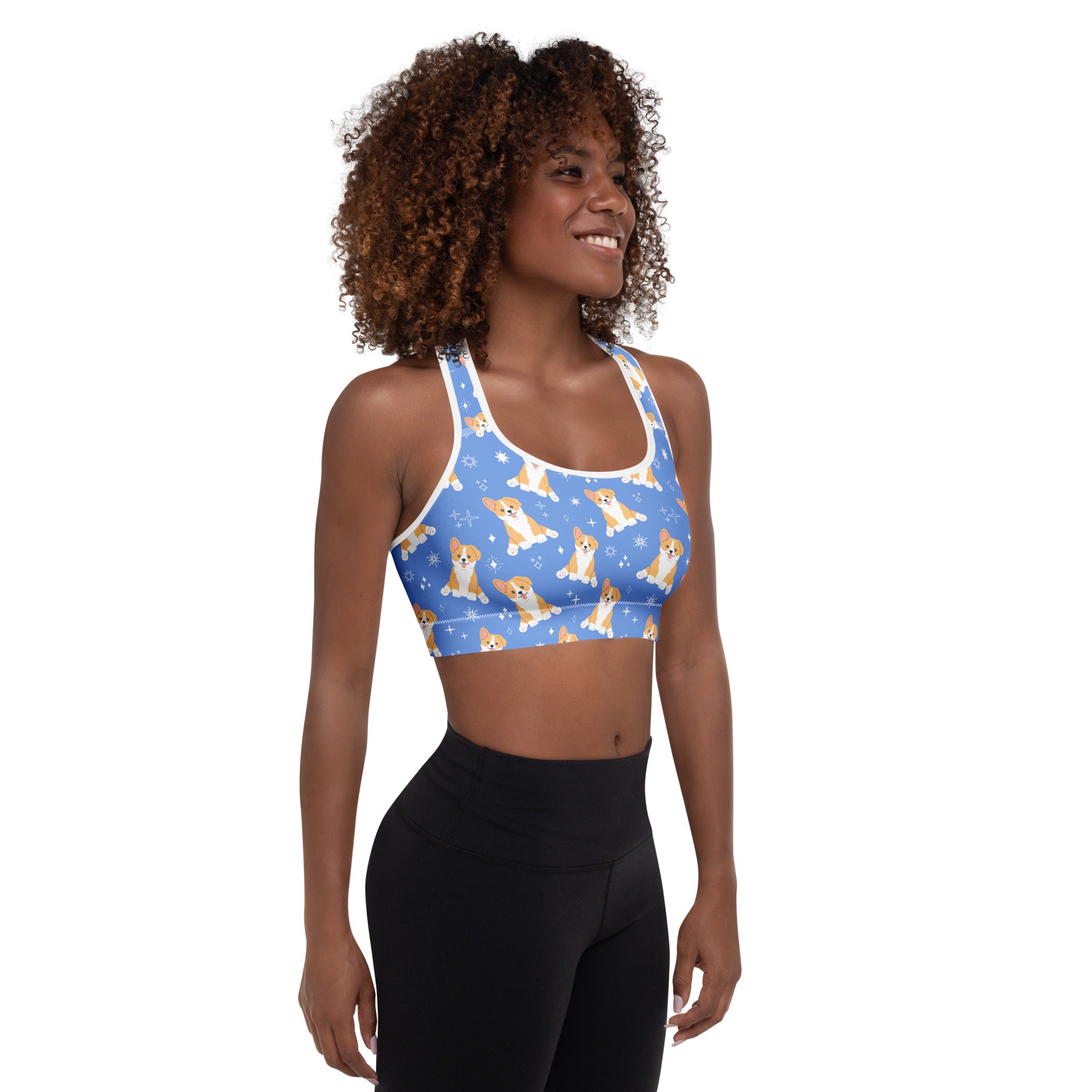 Women’s blue padded sports bra with white trim and tan corgi dog pattern buttery soft supportive quick dry
