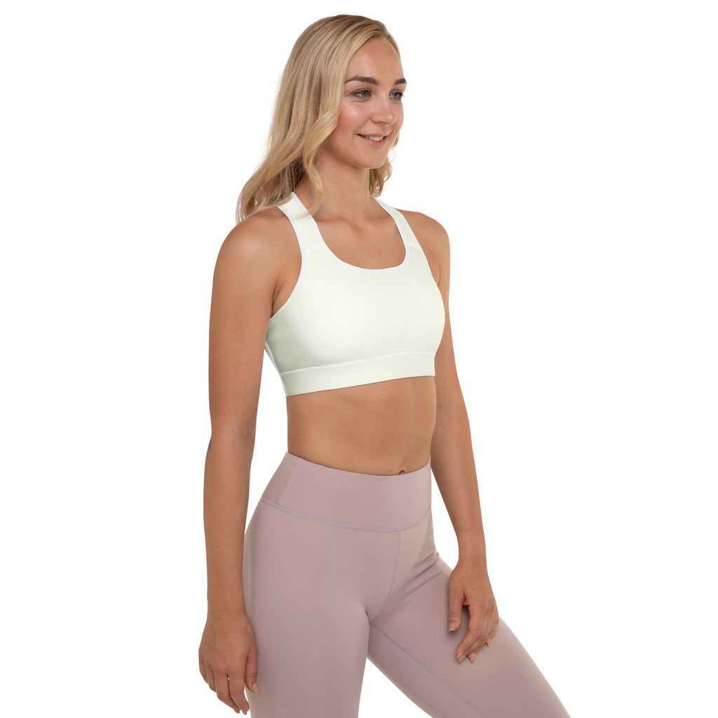 White seamless sports bra with racerback straps padded for support quick-dry buttery soft fabric