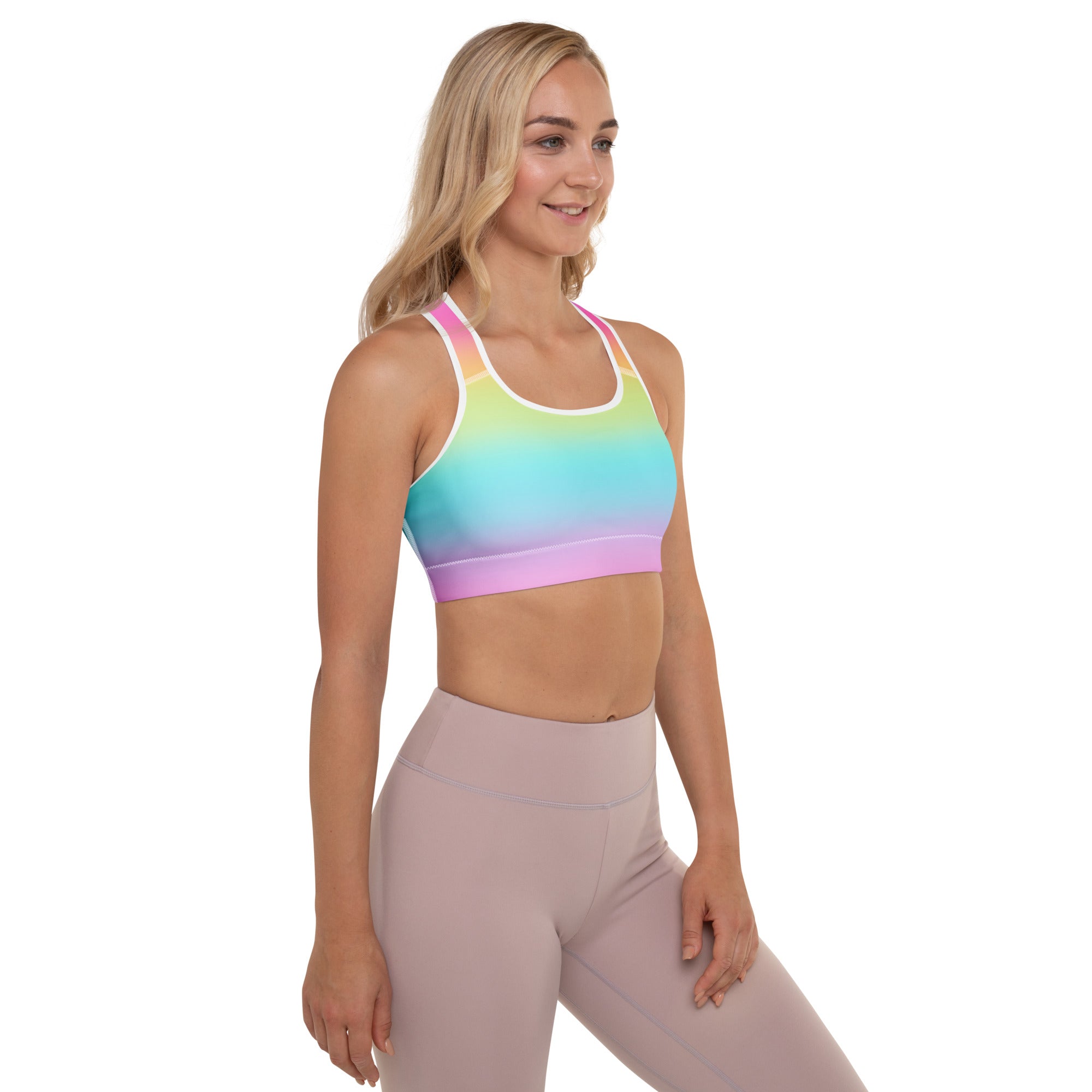 Women’s bright rainbow padded sports bra with buttery soft stretchy fabric and supportive racerback design