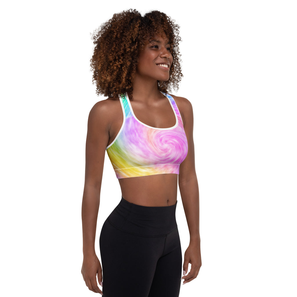 Women’s rainbow tie dye padded sports bra with vibrant swirl seamless stretchy fabric for support and quick drying