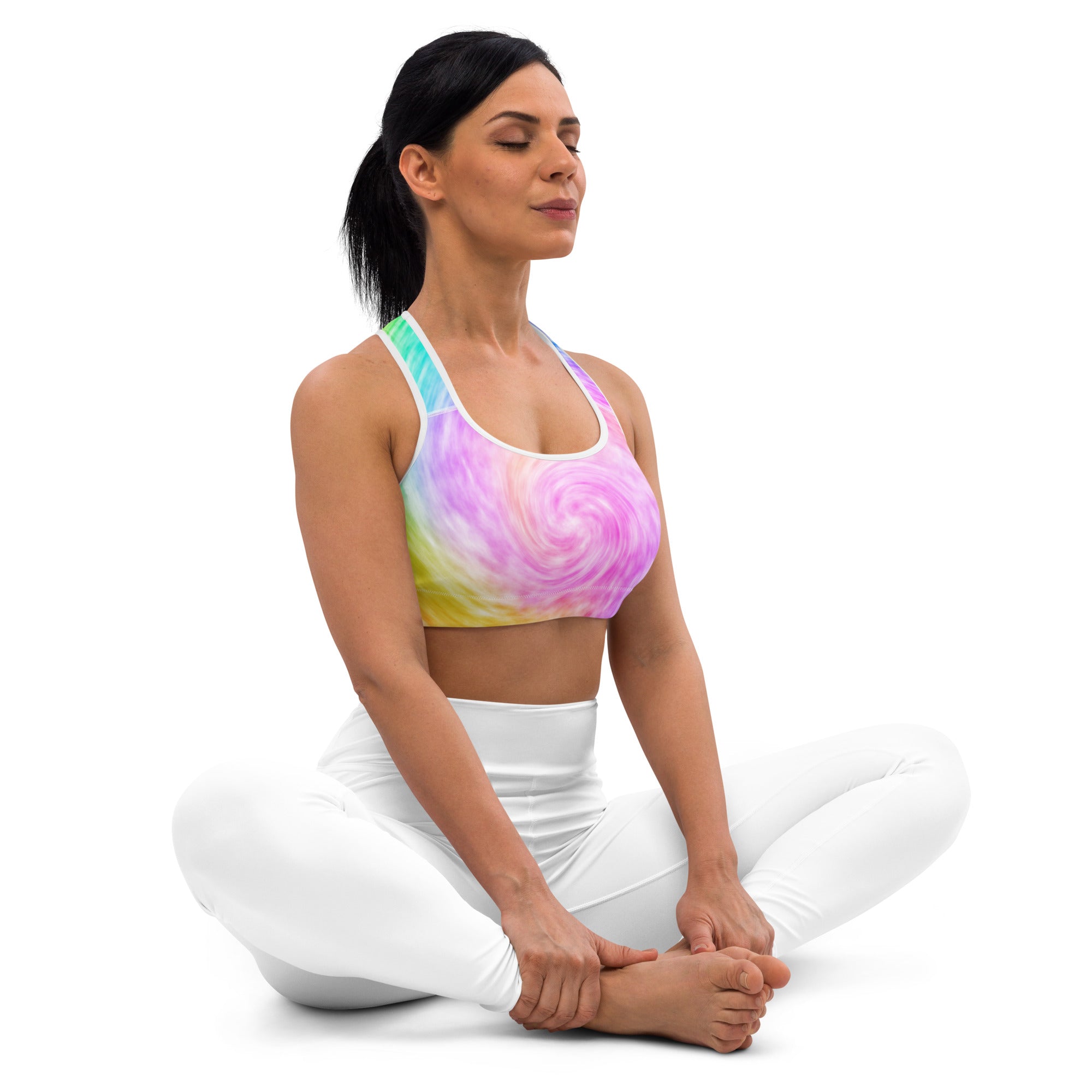 Women’s rainbow tie dye padded sports bra with vibrant swirl pattern soft stretchy fabric and racerback straps