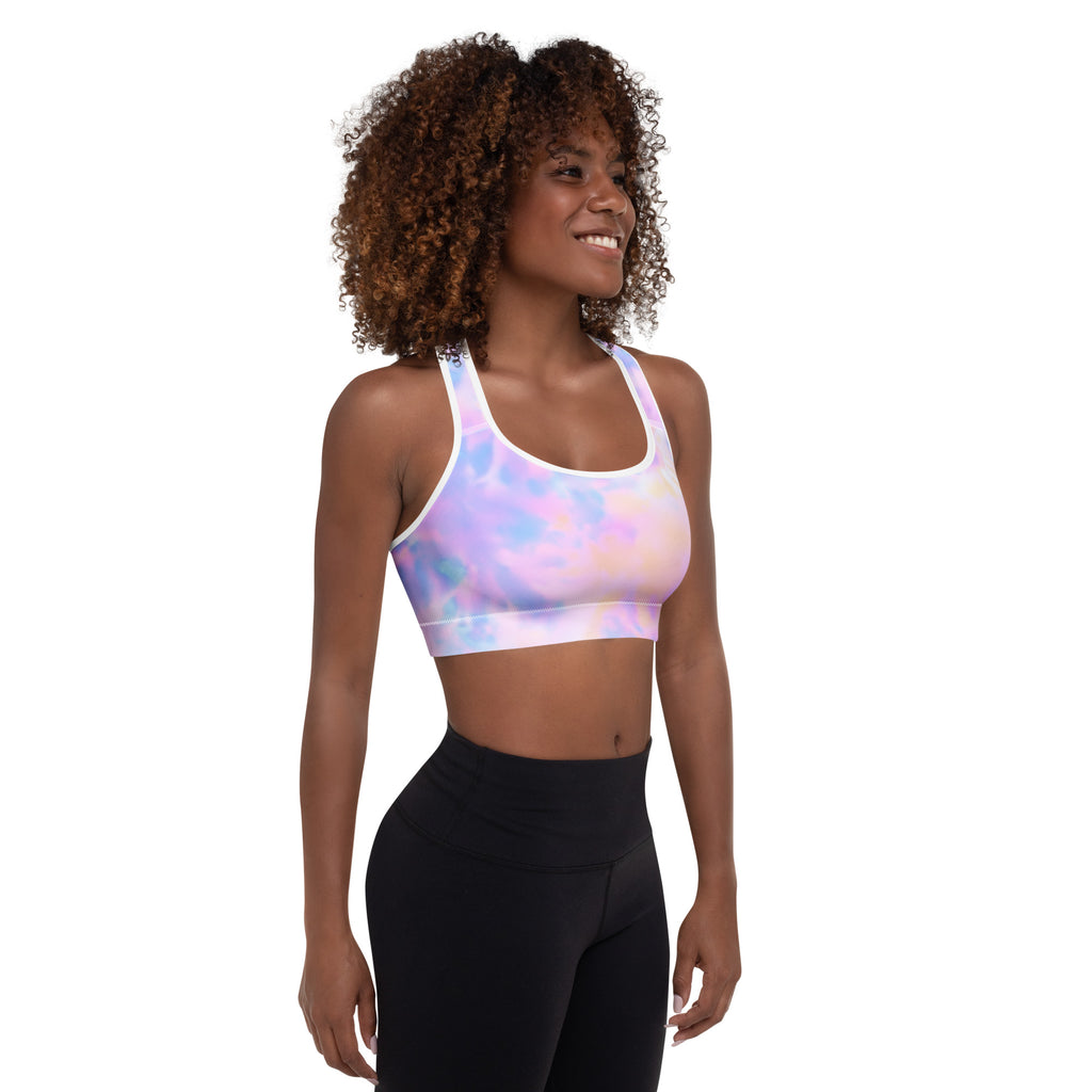 Pastel tie-dye women’s watercolor padded sports bra with white trim buttery soft supportive and quick-dry fabric