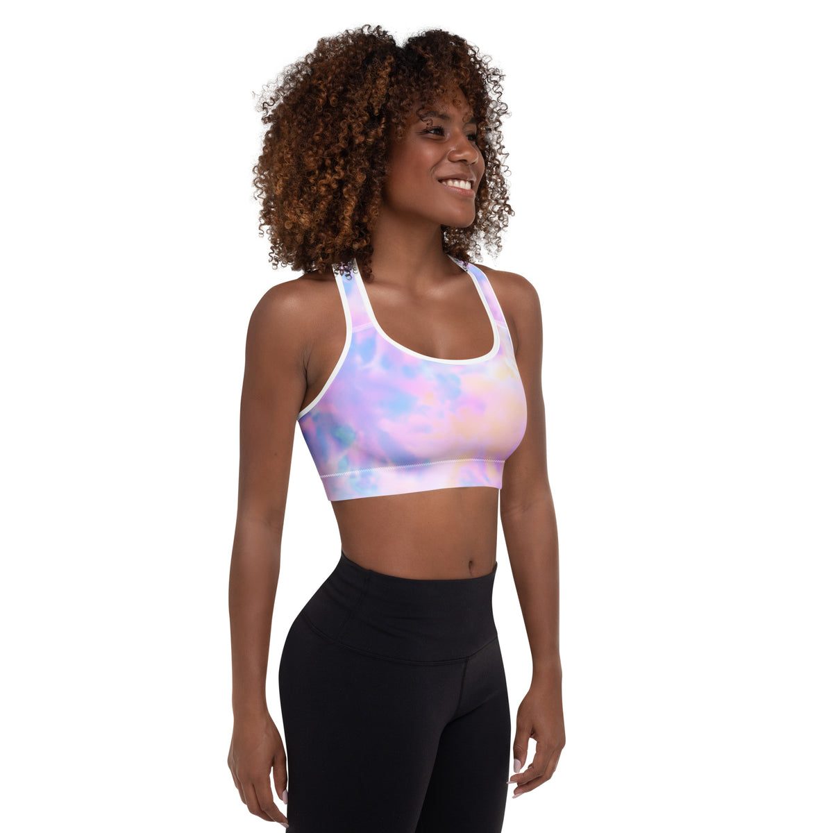 Pastel tie-dye women’s watercolor padded sports bra with white trim buttery soft supportive and quick-dry fabric