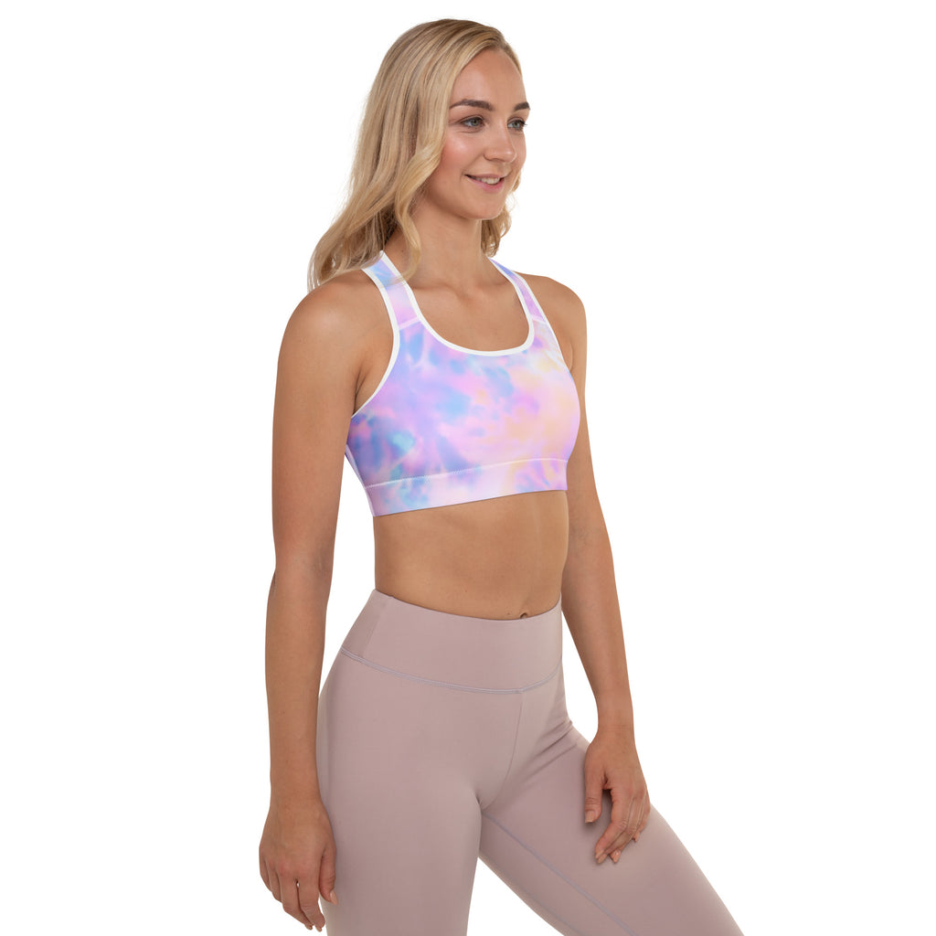 Pastel tie-dye women’s watercolor padded sports bra with white trim buttery soft supportive and quick dry material