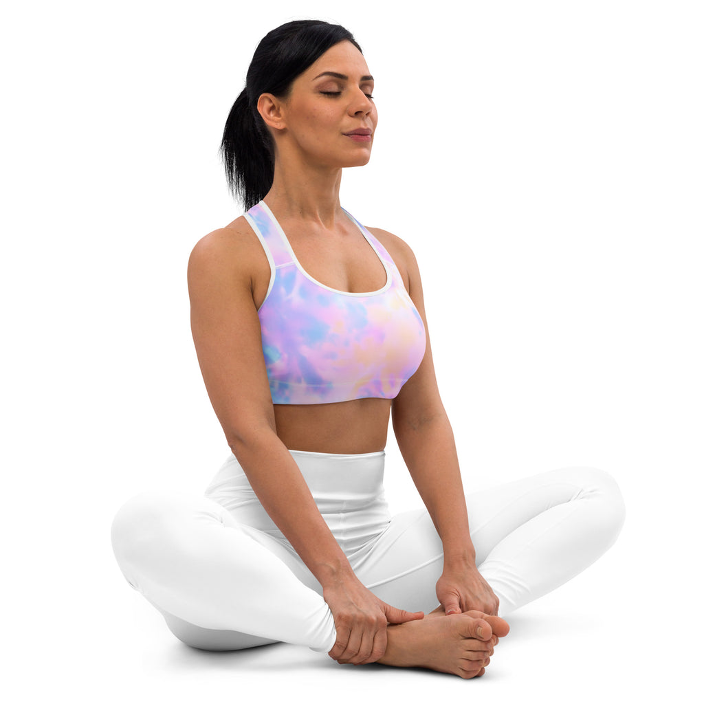 Women’s watercolor padded sports bra with pastel tie-dye, buttery soft stretchy fabric, supportive racerback design