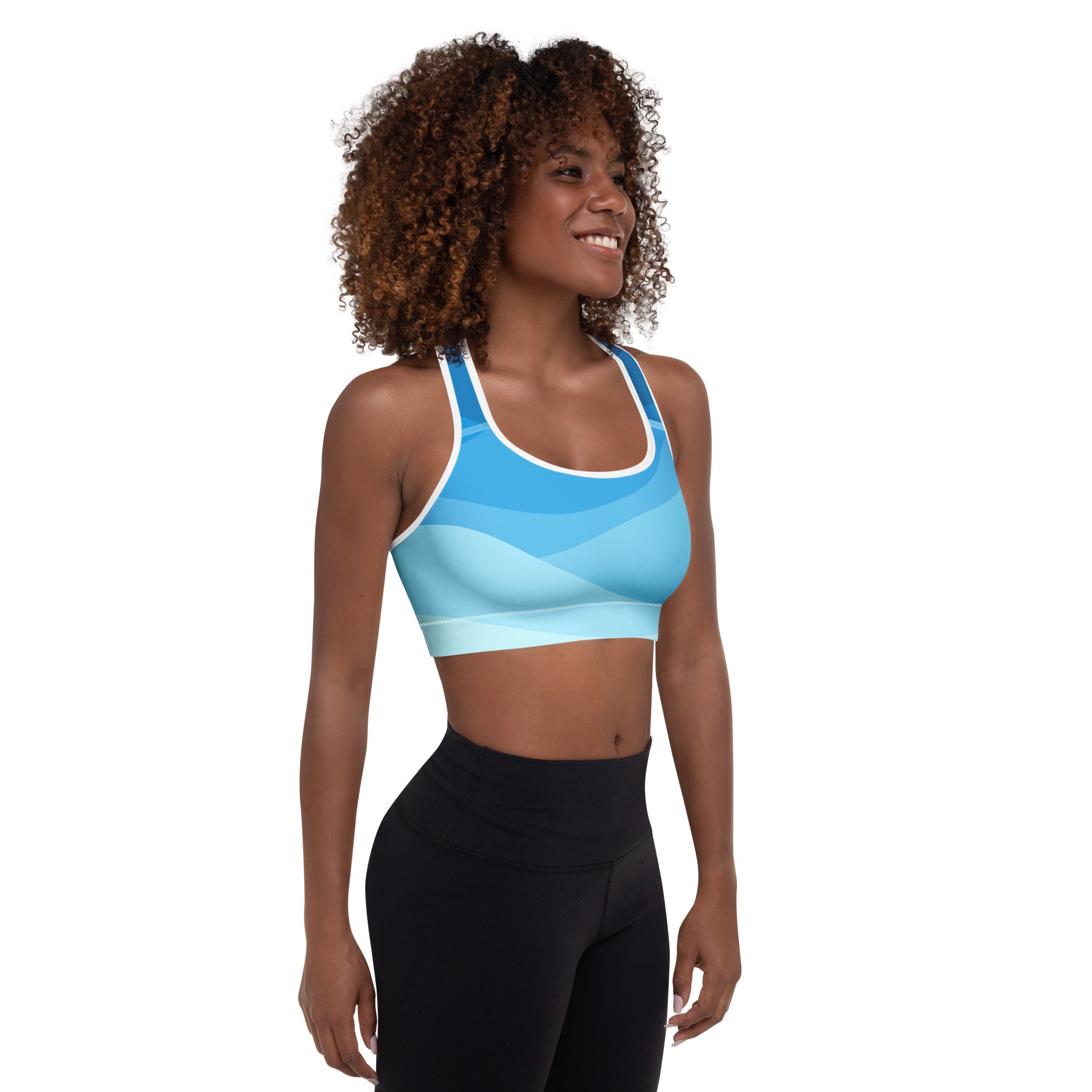 Women’s blue waves padded sports bra with white trim buttery soft supportive quick-dry fabric for activewear