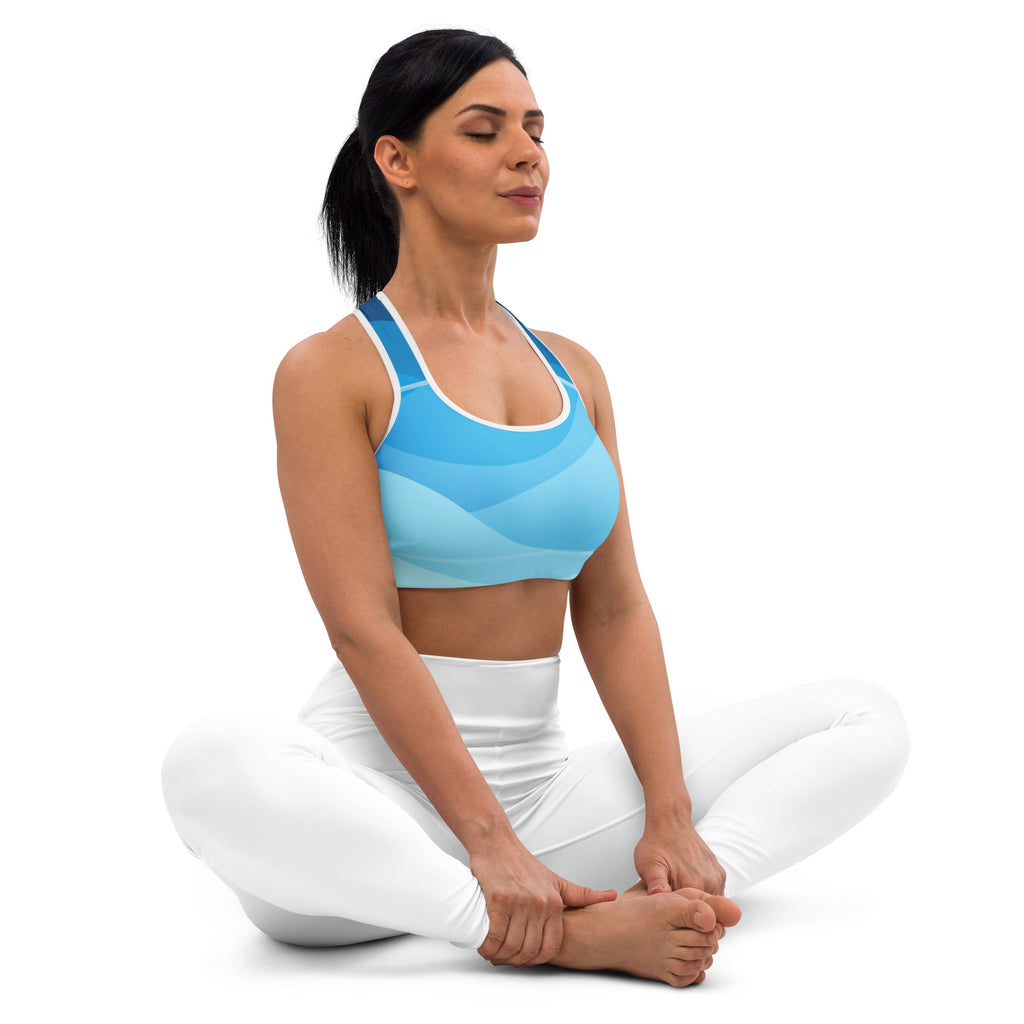 Women’s blue waves padded sports bra with white trim buttery soft supportive quick-dry fabric for workouts