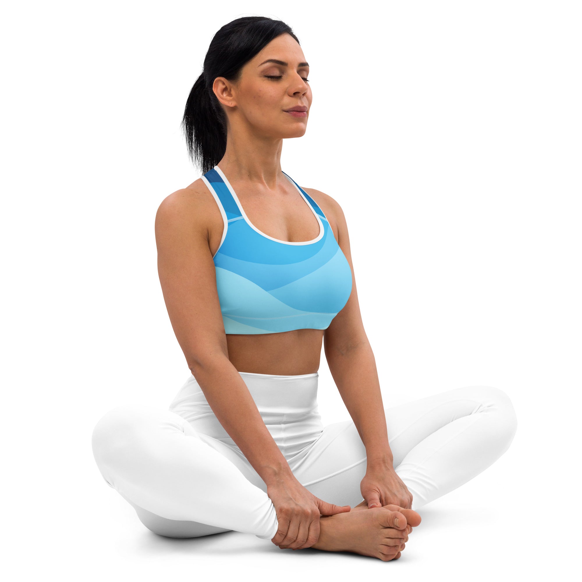 Women’s blue waves padded sports bra with white trim buttery soft supportive quick-dry fabric for workouts