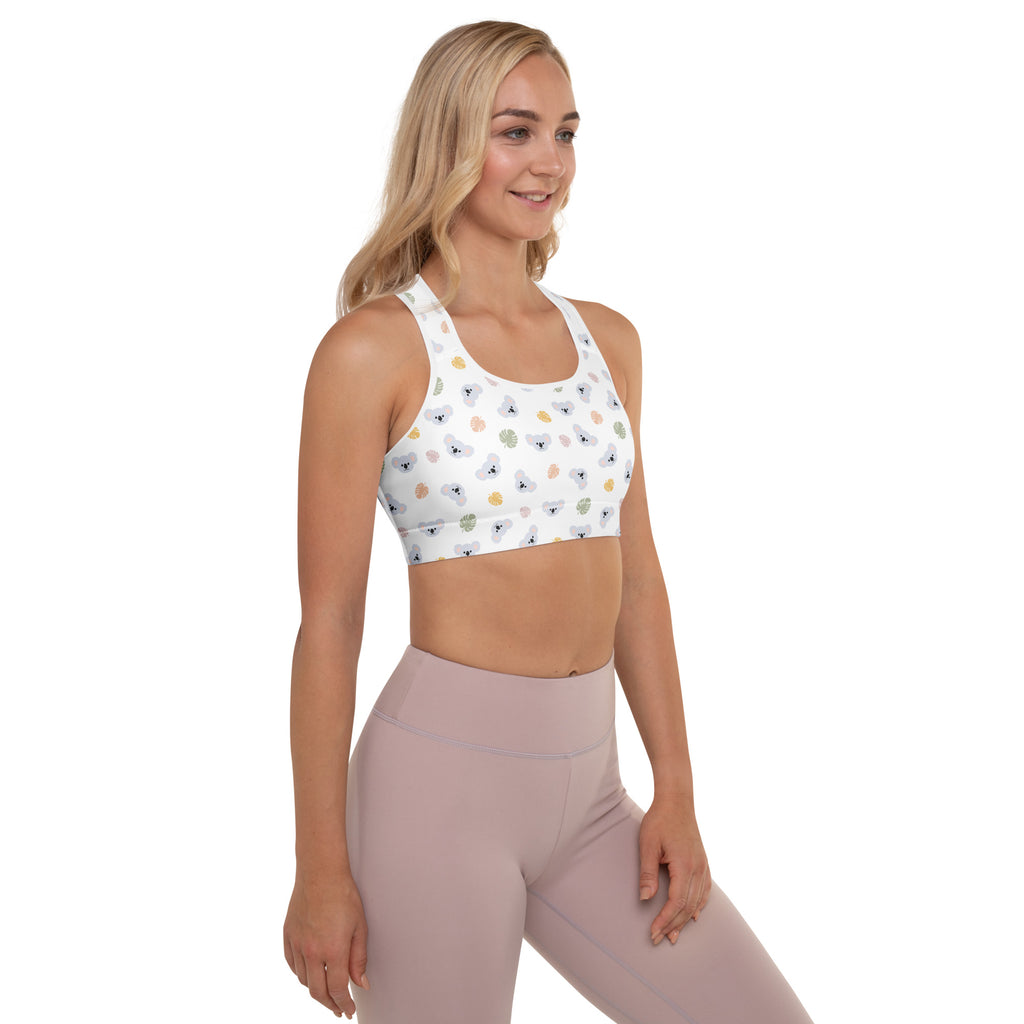 Women’s koala padded sports bra in white with colorful pastel animal silhouettes buttery soft supportive quick dry