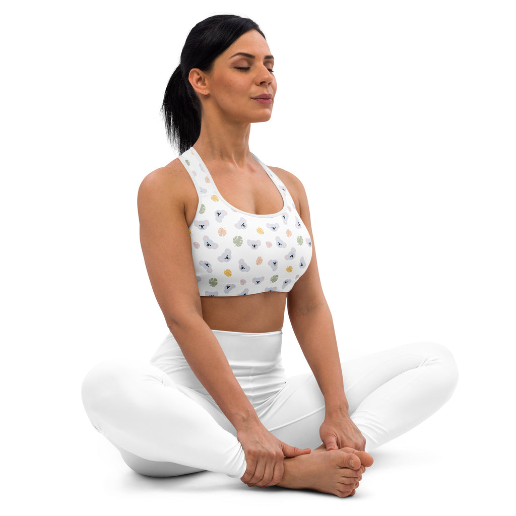 Women’s koala padded sports bra in white with colorful pastel animal faces buttery soft supportive and quick dry