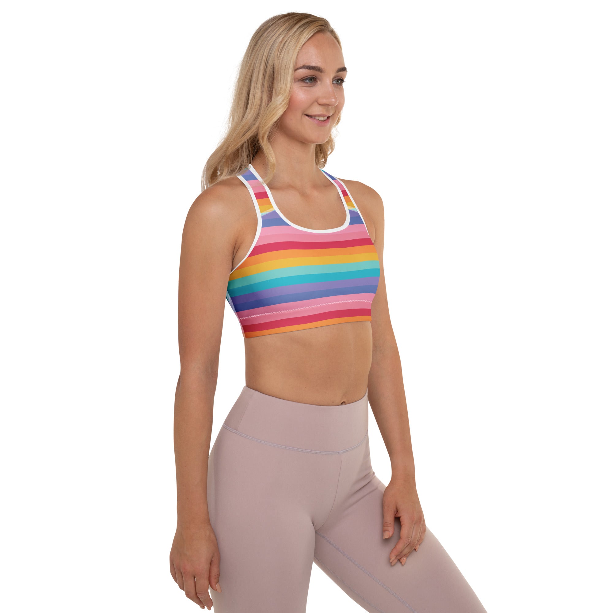 Women’s bright striped rainbow padded sports bra with white trim buttery soft supportive quick-dry racerback
