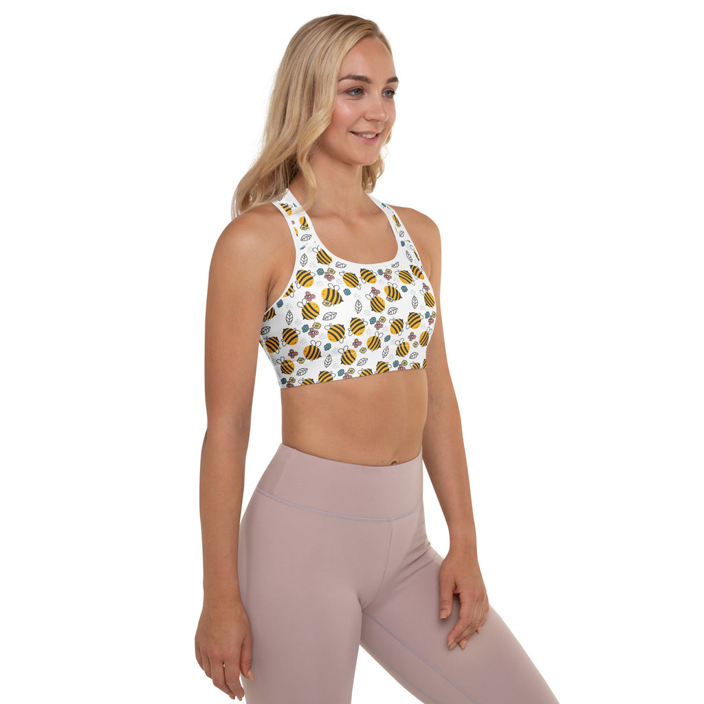 White women’s floral yellow bumblebee padded sports bra with green leaves on stretchy buttery soft quick-dry fabric