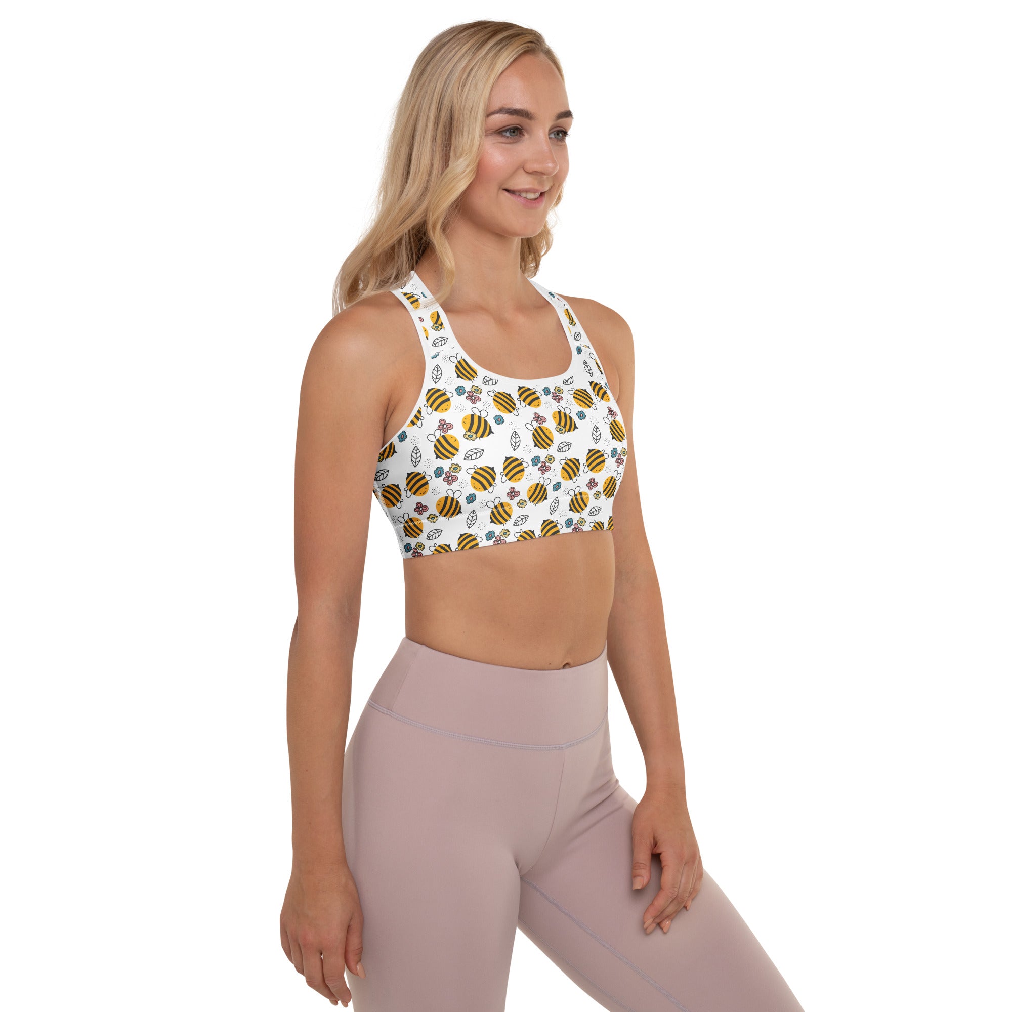 White women’s floral yellow bumblebee padded sports bra with green leaves on stretchy buttery soft quick-dry fabric