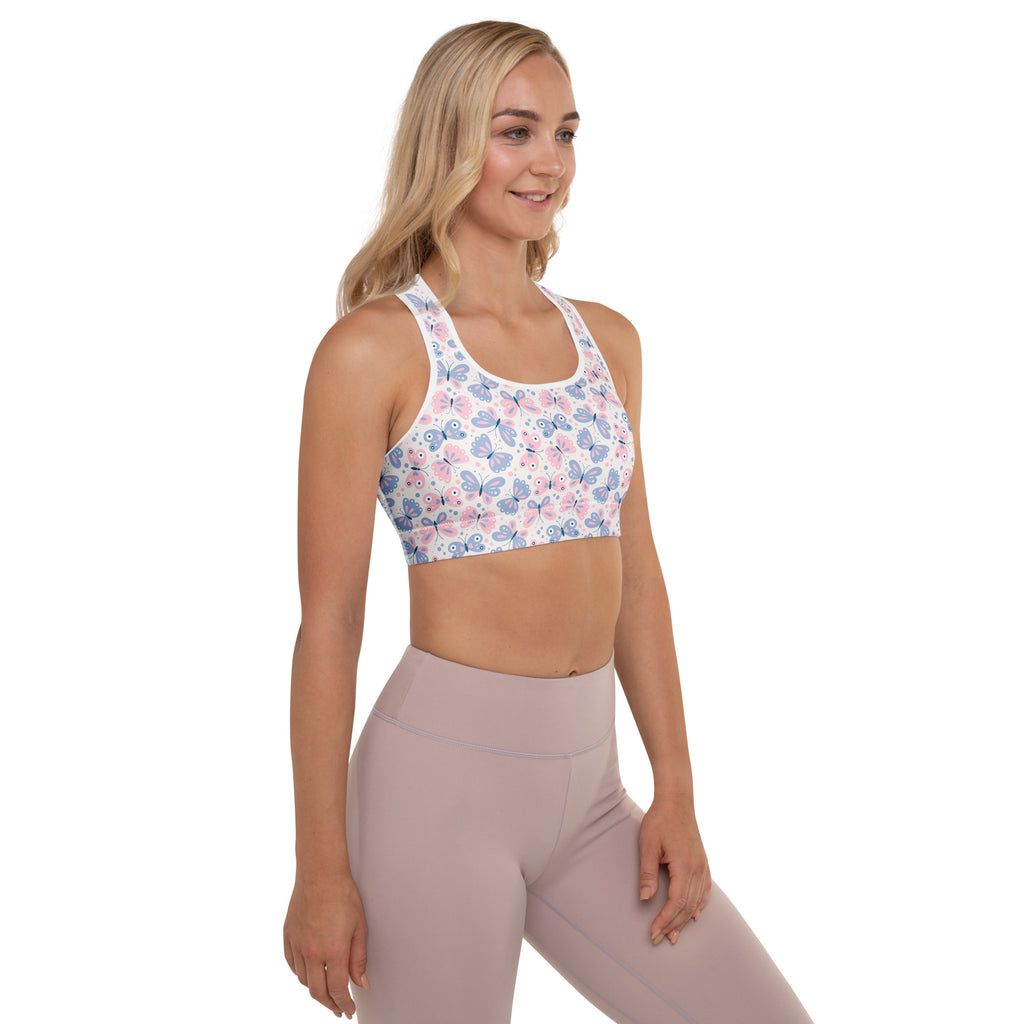 White padded sports bra with pink and blue butterfly print made from buttery soft supportive quick-dry fabric