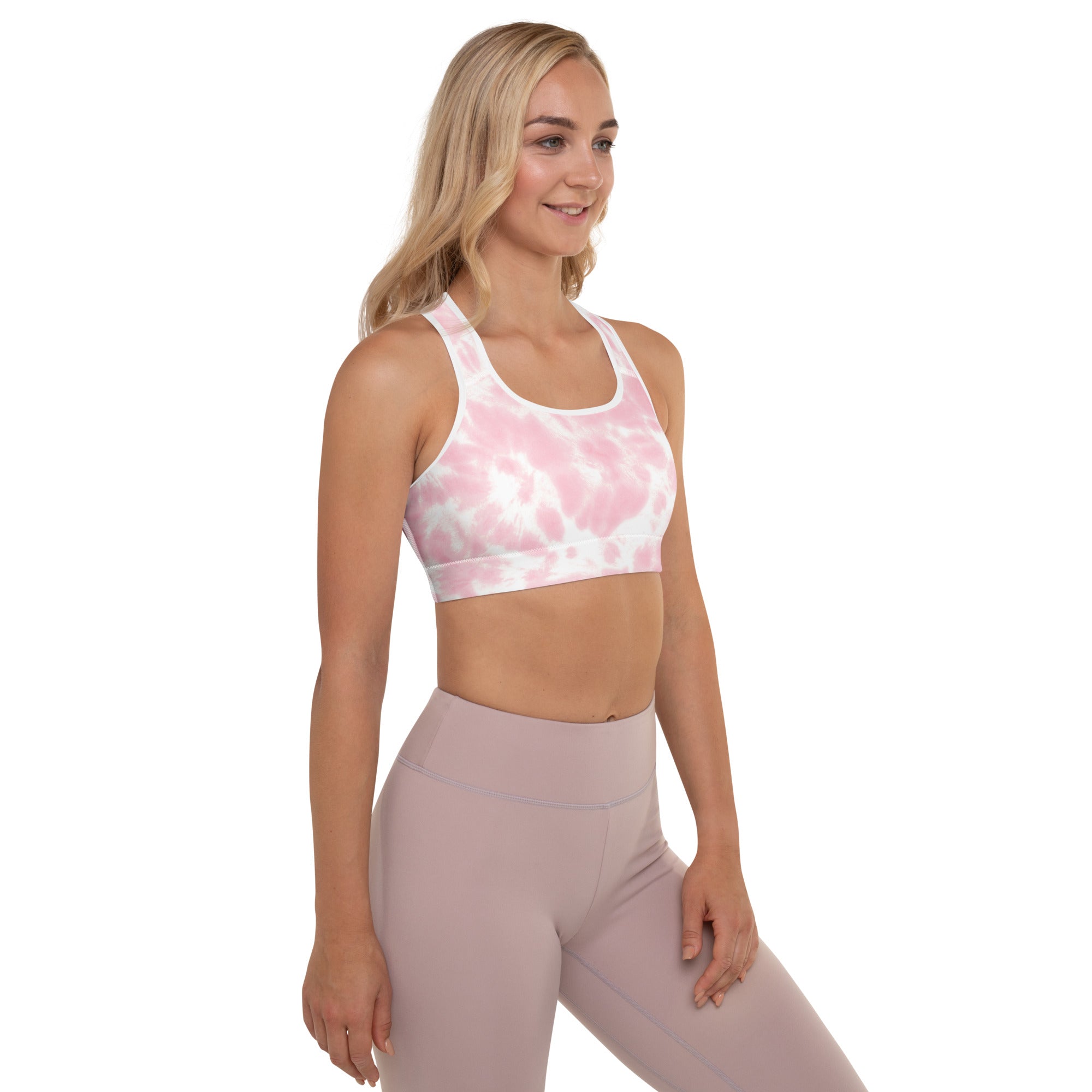 Women’s pink and white tie dye padded sports bra with racerback straps buttery soft supportive and quick dry