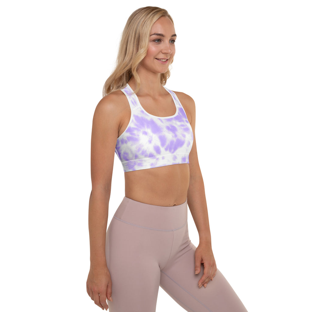 Women’s purple lavender and white tie dye padded sports bra with buttery soft fabric and supportive racerback design