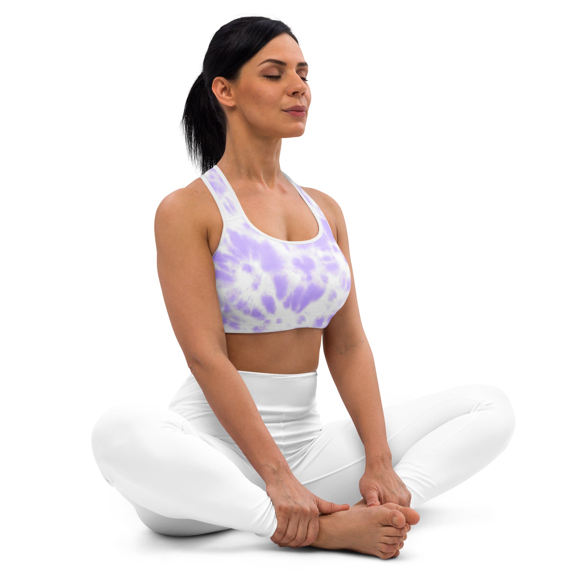 Women’s purple tie dye padded sports bra in lavender and white with racerback design buttery soft supportive quick dry