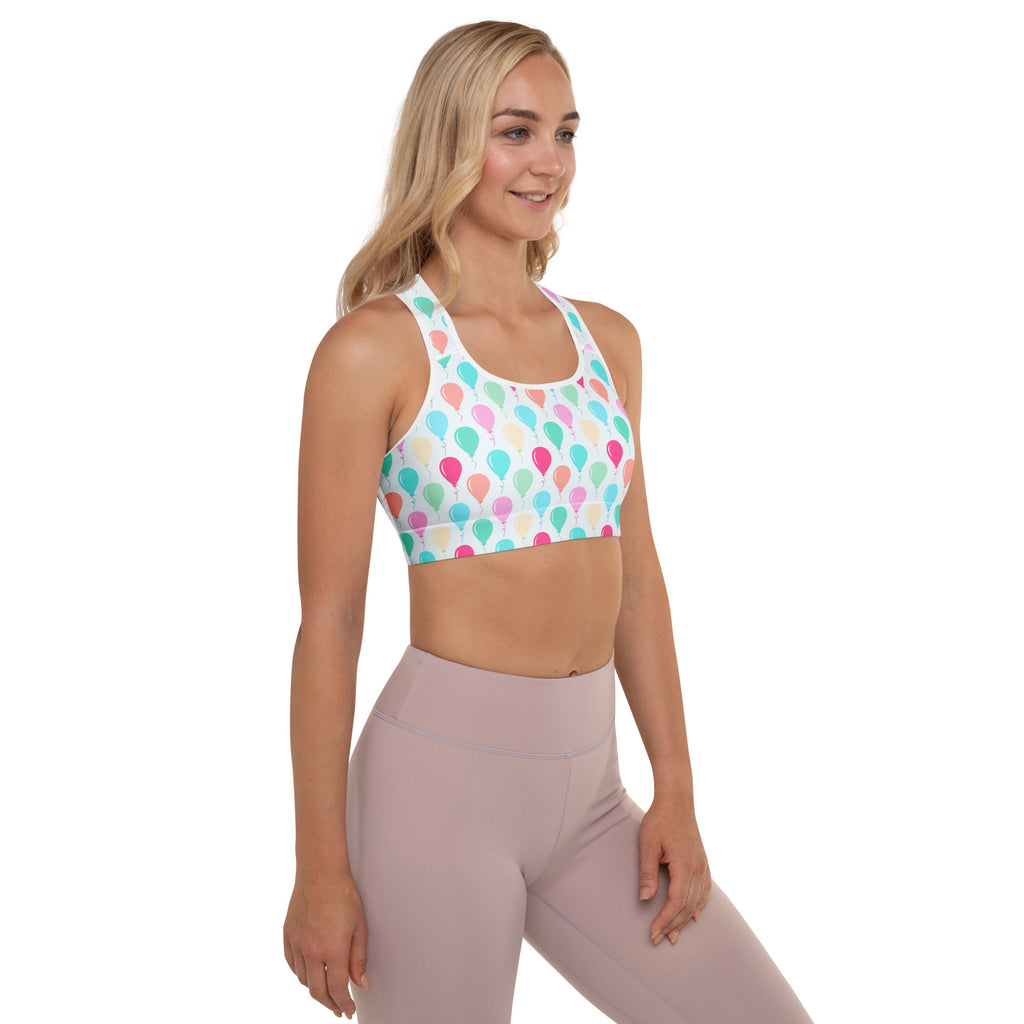 Women’s white padded sports bra with pastel pink blue green and yellow balloon pattern buttery soft supportive quick-dry