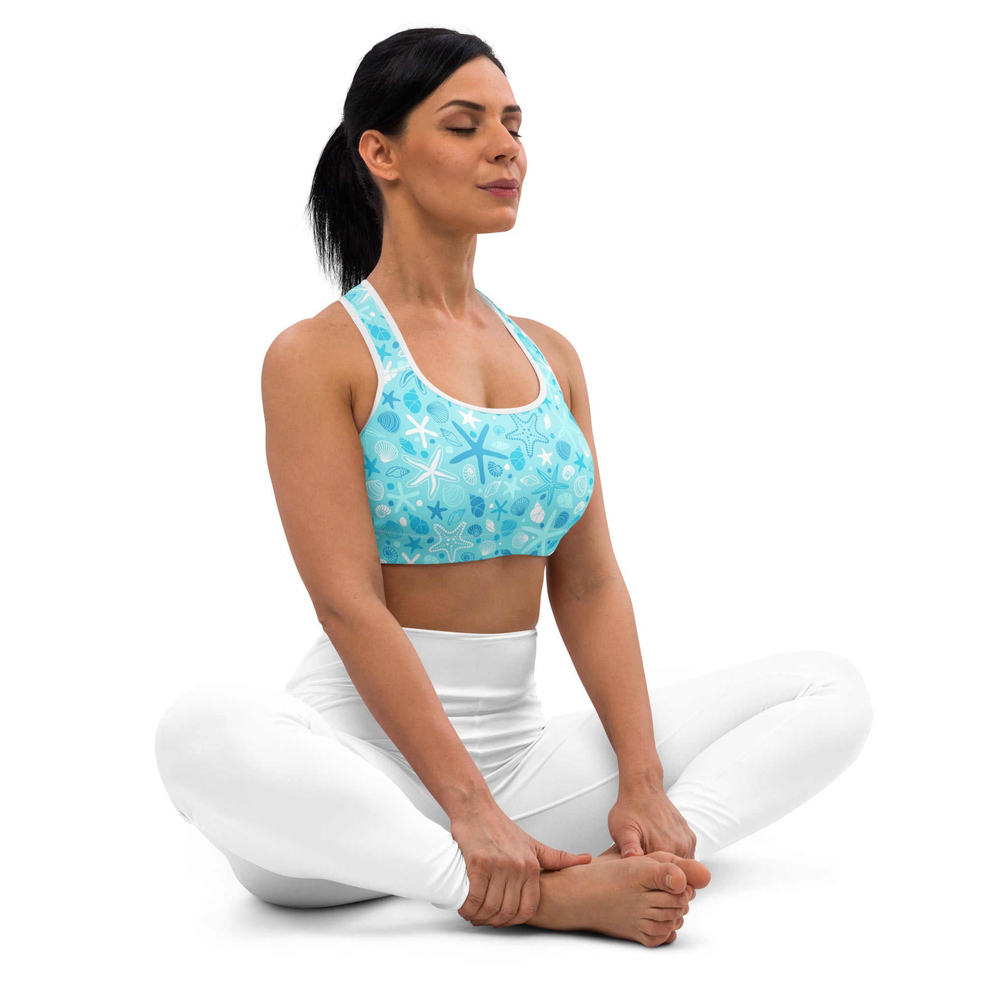 Light blue womens padded sports bra with seashell and starfish pattern buttery soft supportive quick dry