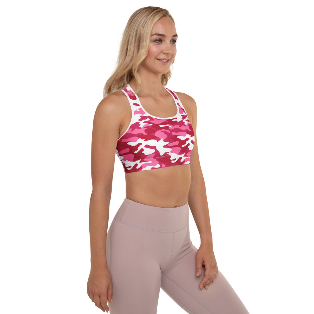 Women’s vibrant pink and white camouflage padded sports bra with buttery soft fabric and quick-dry support