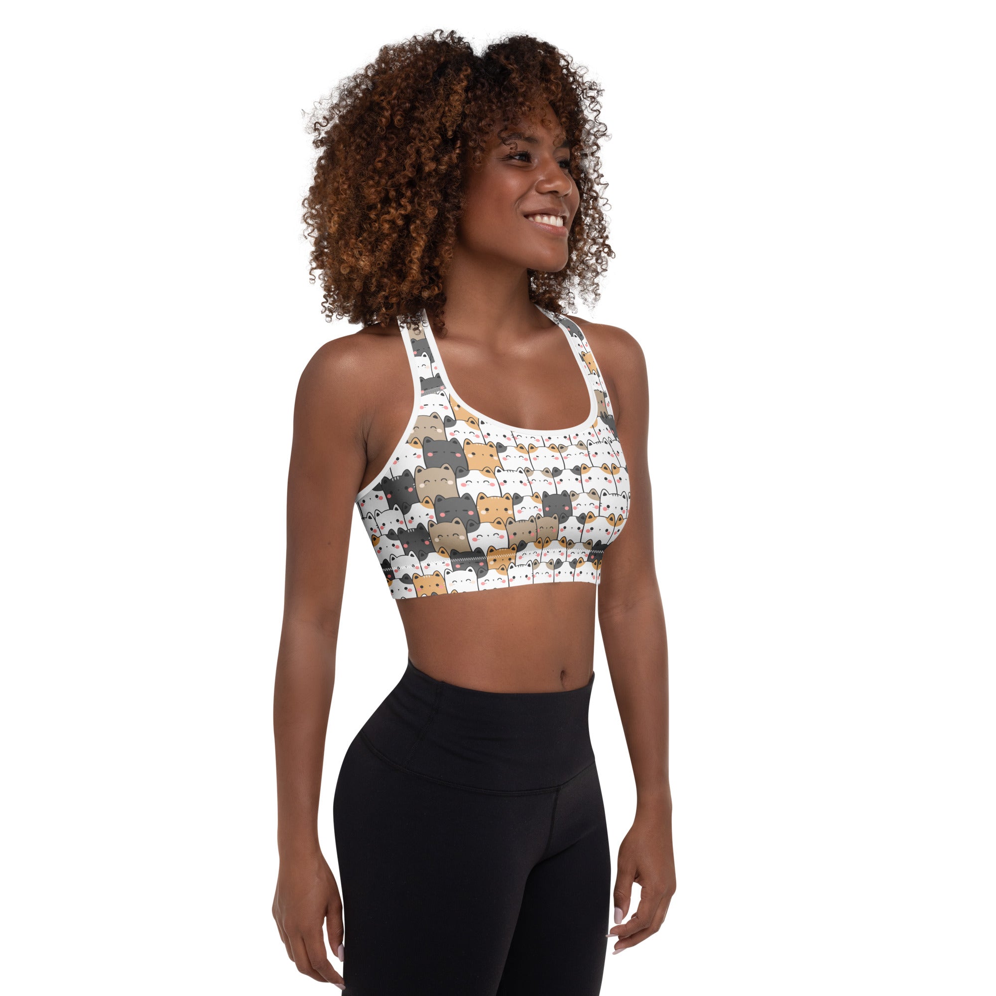 White kawaii cat padded sports bra with colorful cartoon cats, buttery soft, supportive, and quick-dry for women