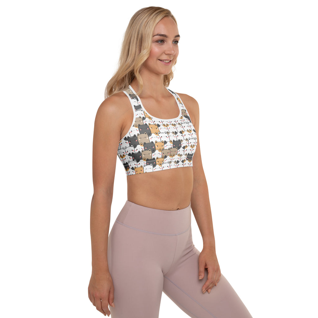 White women’s kawaii cat padded sports bra with colorful cartoon cats buttery soft supportive and quick-dry