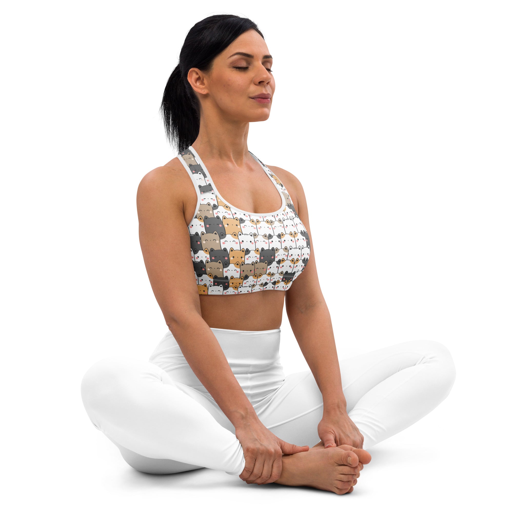 White padded sports bra with colorful kawaii cartoon cats featuring quick-dry buttery soft supportive fabric
