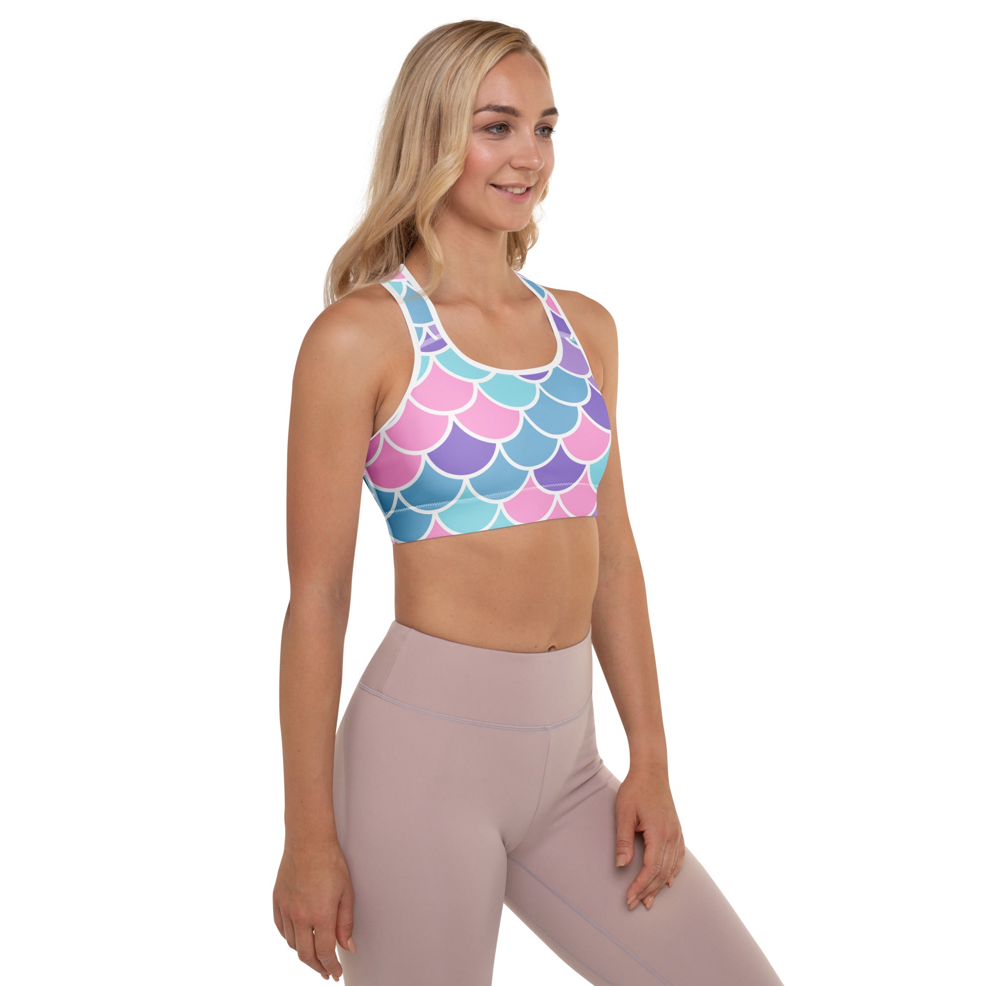 Women’s mermaid scale padded sports bra with colorful pink purple teal pattern buttery soft supportive quick-dry