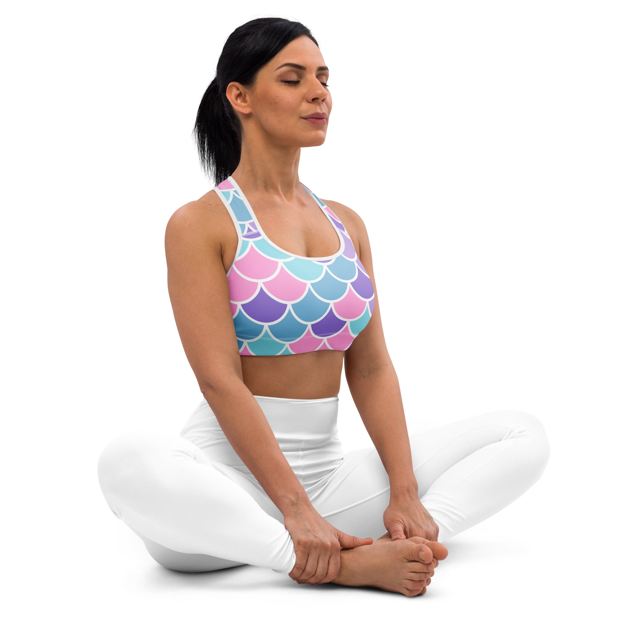 Pastel mermaid scale padded sports bra in buttery soft fabric with quick dry and supportive design for women